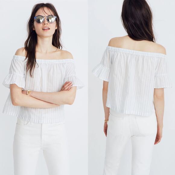 Madewell Striped Off-the-Shoulder Ruffle-Sleeve Top Sea Glass size Small - Picture 11 of 11
